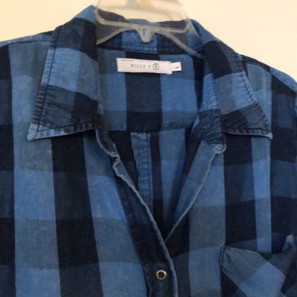 Women’s plaid button down shirt blues slightly distressed fabric modern look L - Picture 2 of 5